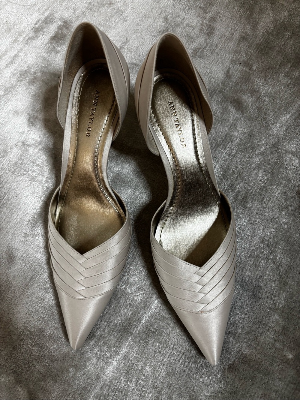 Ann Taylor Metallic Taupe Pointed D'Orsay Heels with Woven Straps